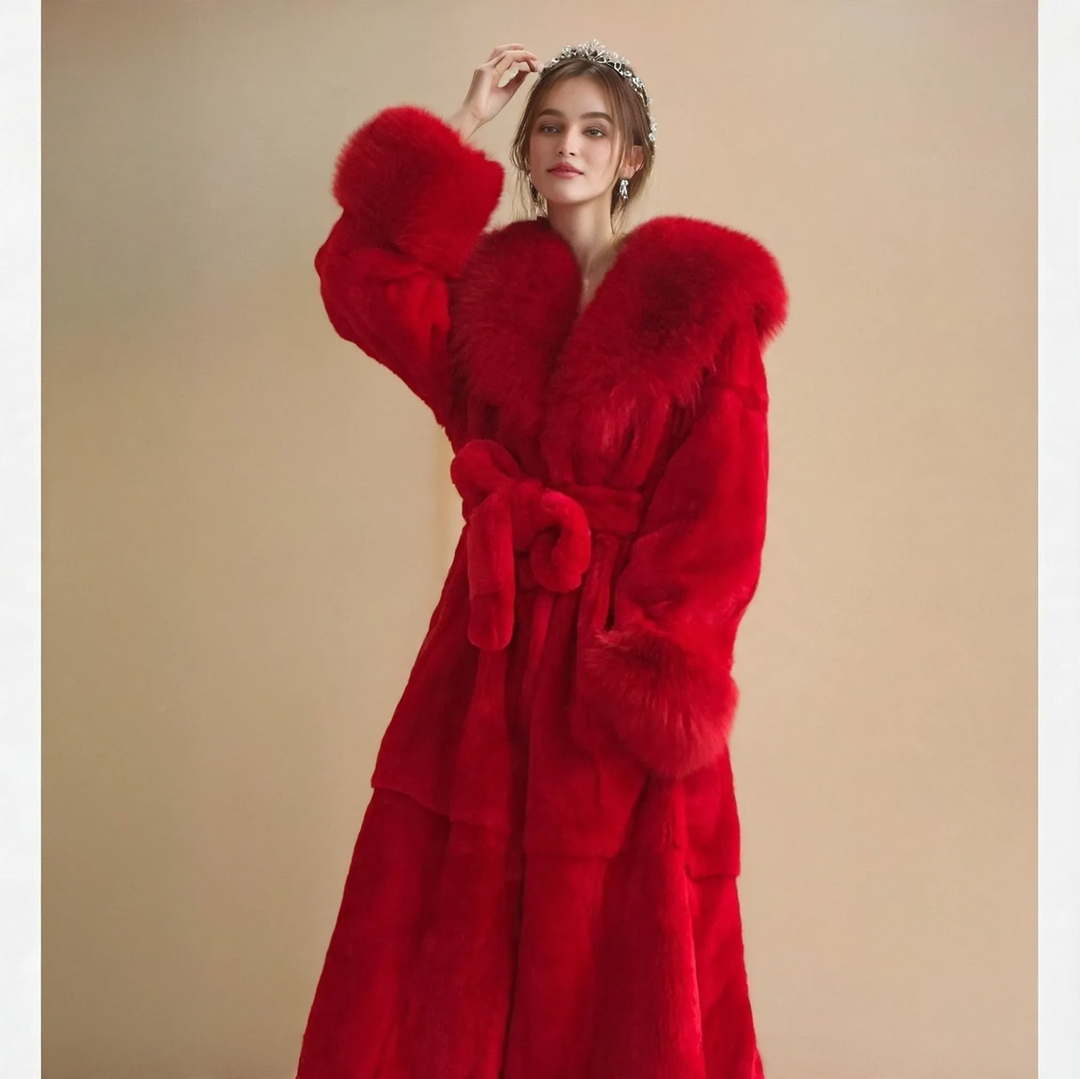 Long women's coat with faux fur collar