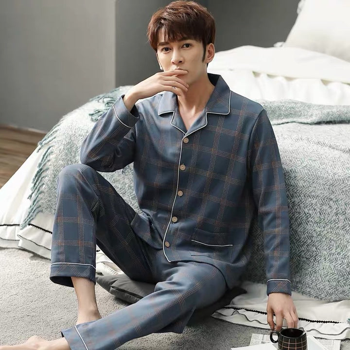 Men's pajamas made of pure cotton, long-sleeved