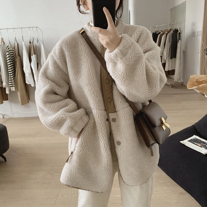 Lamb fleece coat, stand-up collar, with tie belt