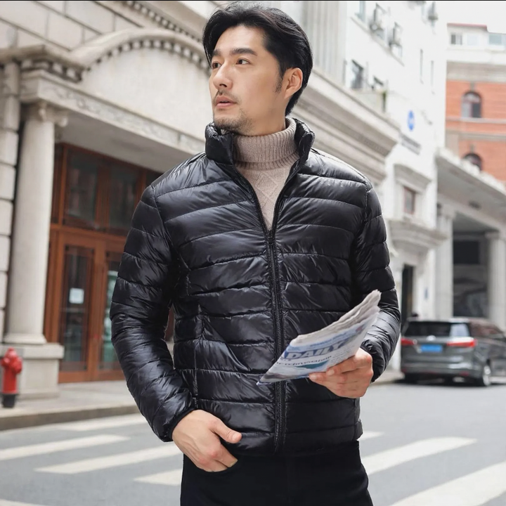 Light men's down jacket with hood, white duck down lining