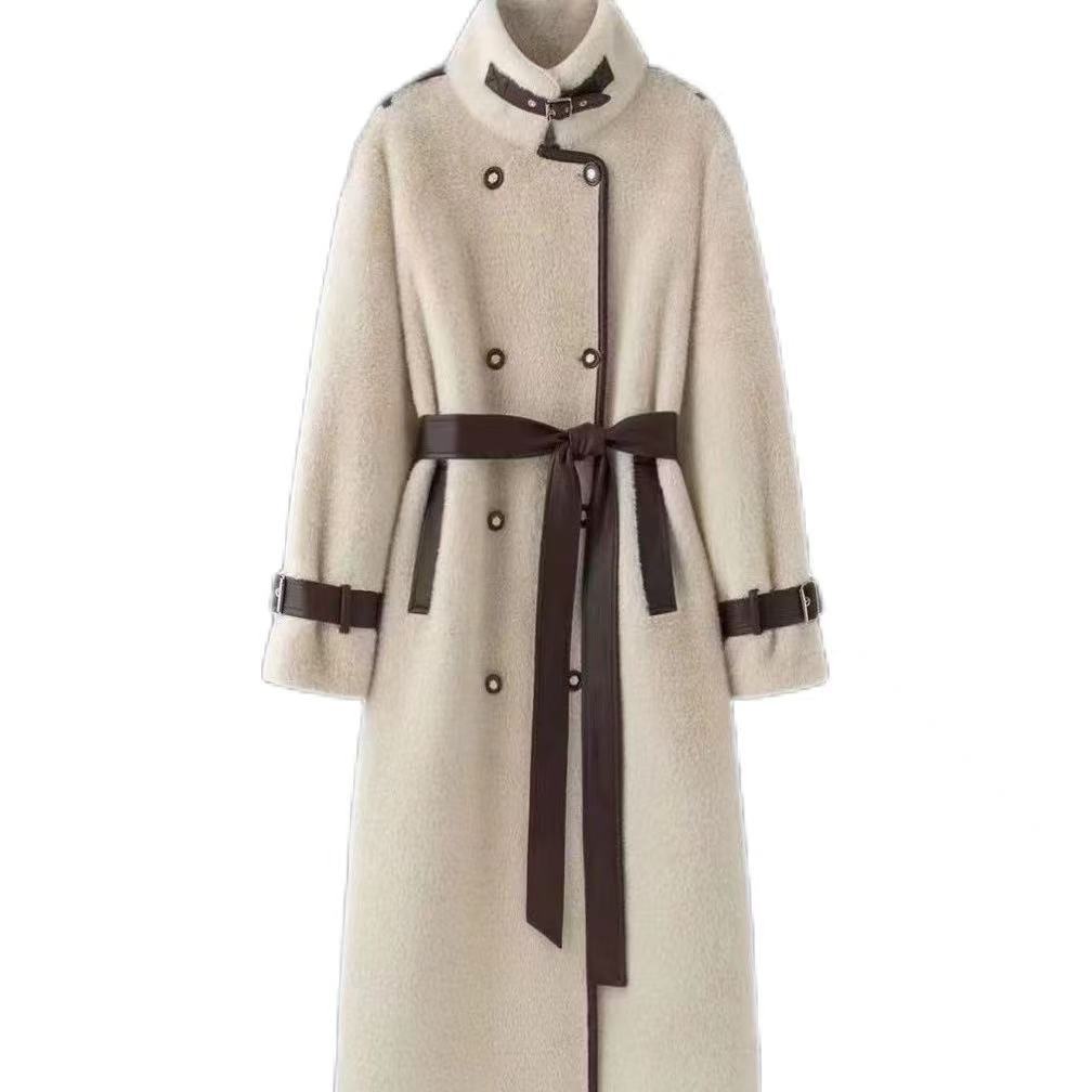 Long women's sheepskin coat with belt