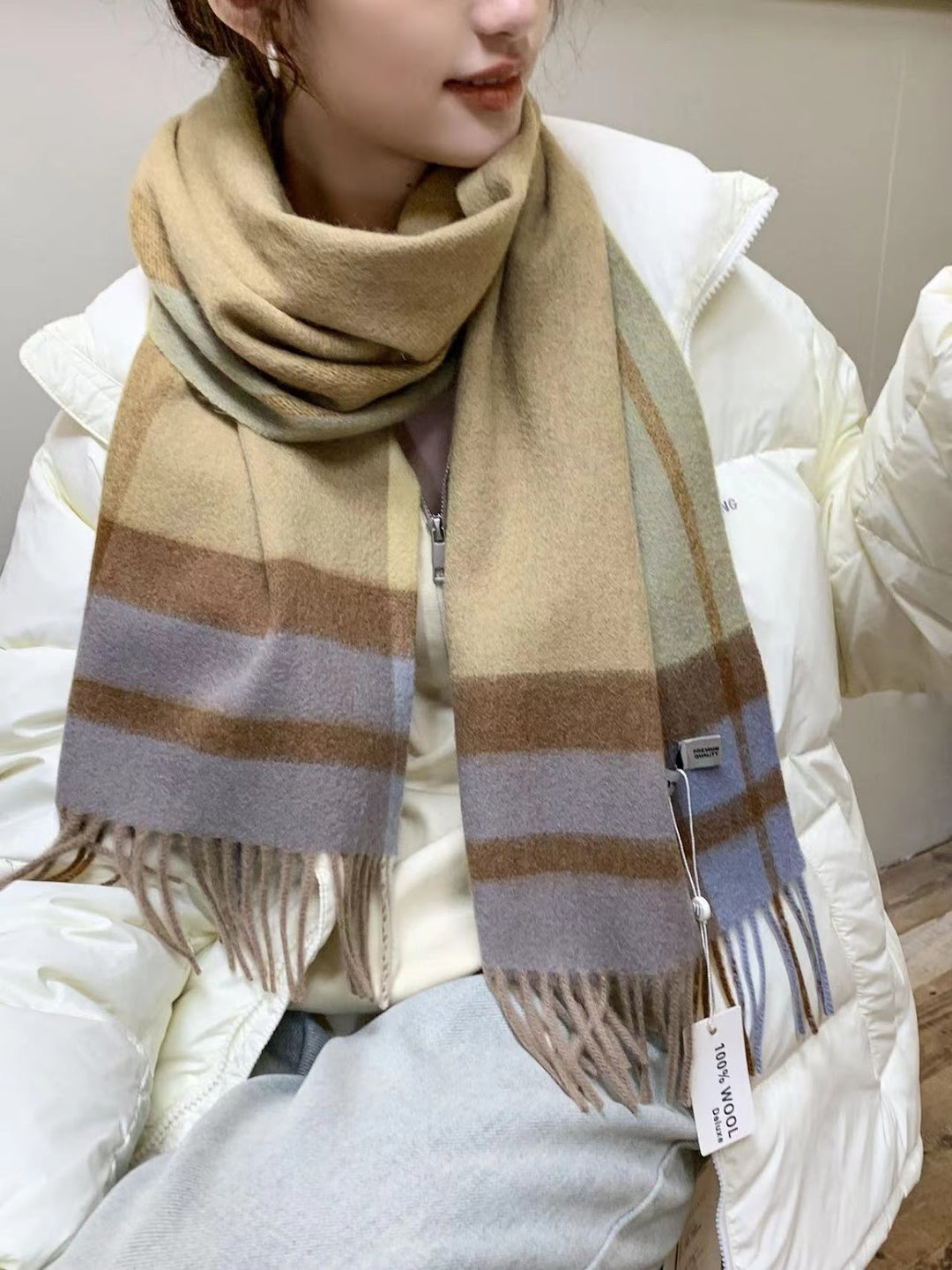 Wool scarf, 100% wool, checked, 30x180 cm