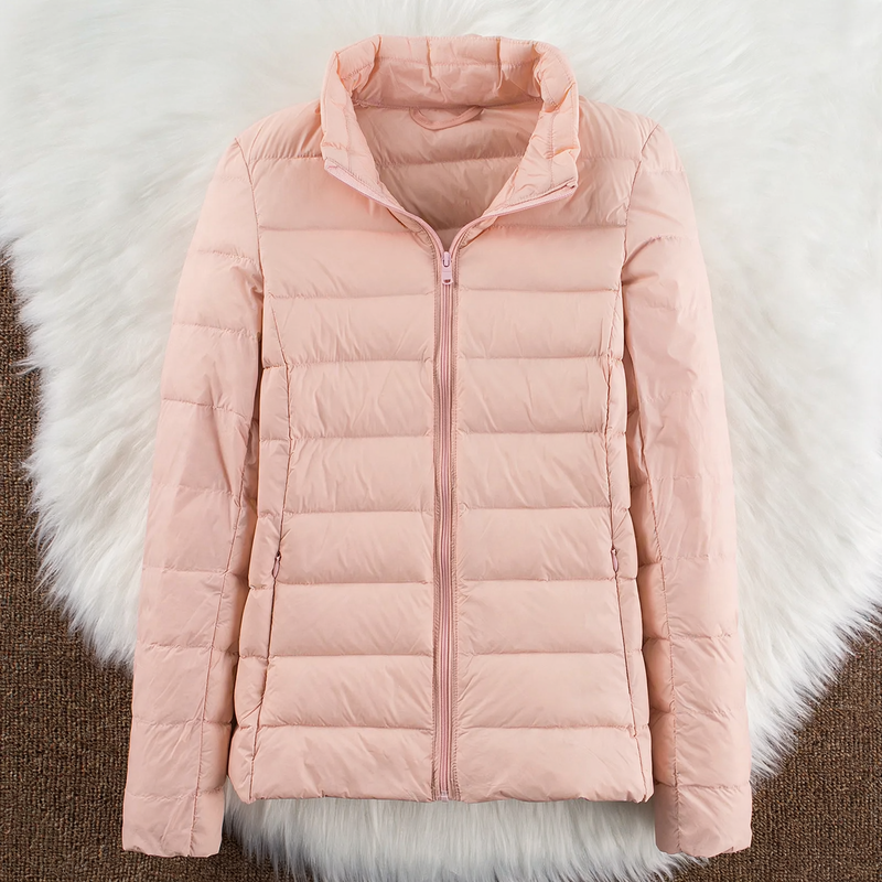 Light women's down jacket with hood and stand-up collar