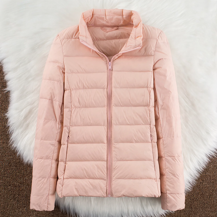 Light women's down jacket with hood and stand-up collar
