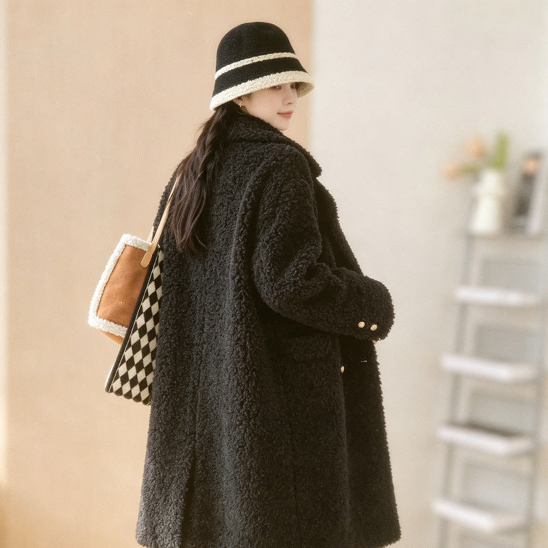 Women's coat, lamb fur imitation, long, black