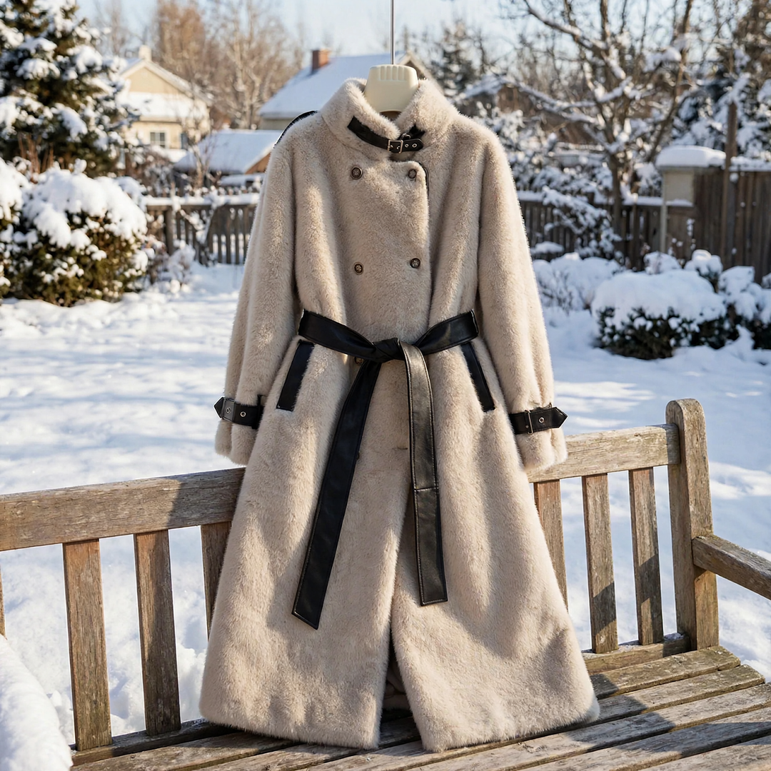 Long women's sheepskin coat with belt