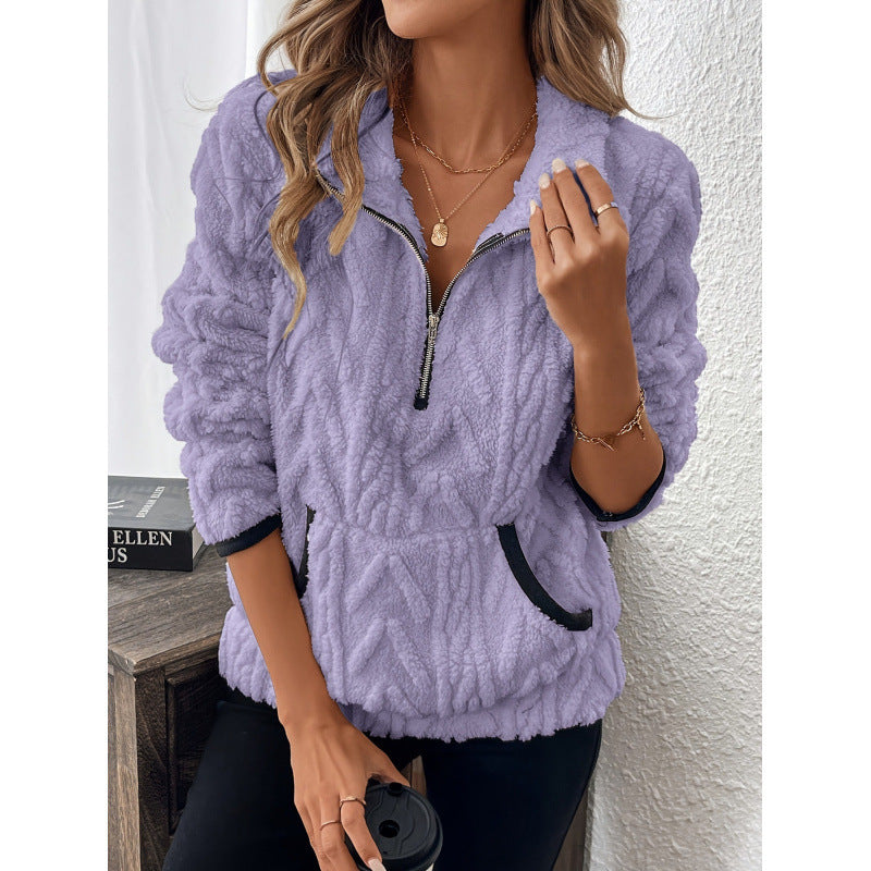 Women's sweatshirt with zipper, stand collar and pockets