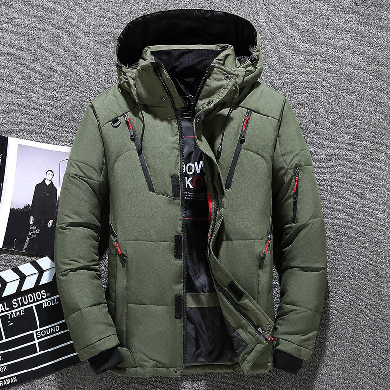 Padded men's down jacket with many pockets