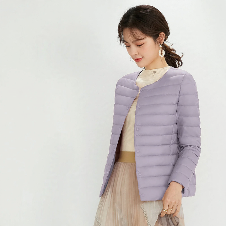 Light women's down jacket with 90% white duck down filling