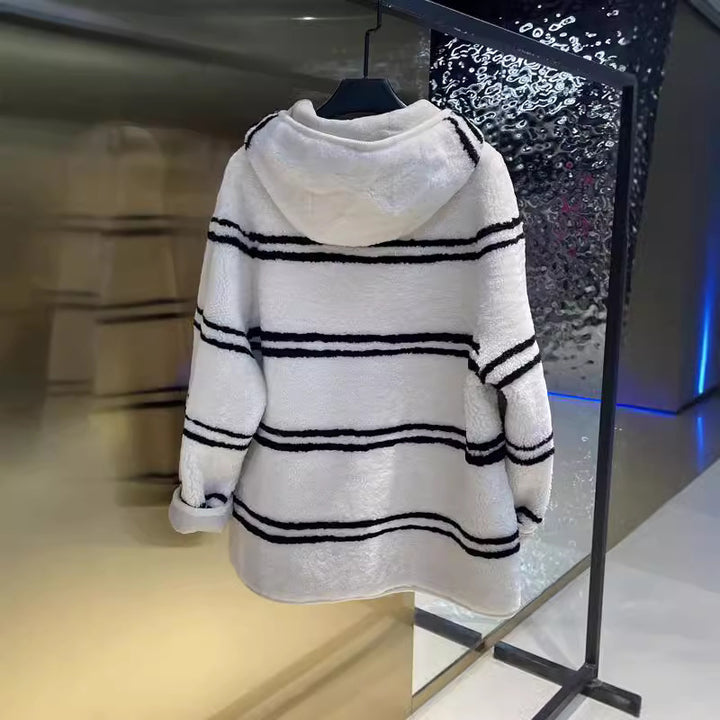Lamb fleece coat with hood and stripe pattern