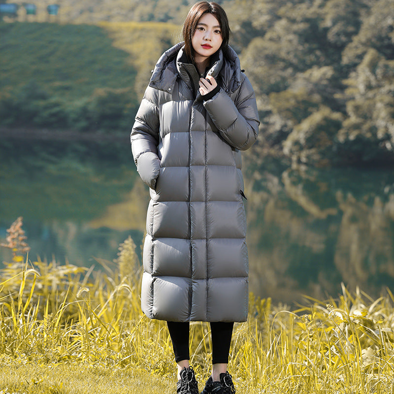 Long women's down coat with white goose down filling