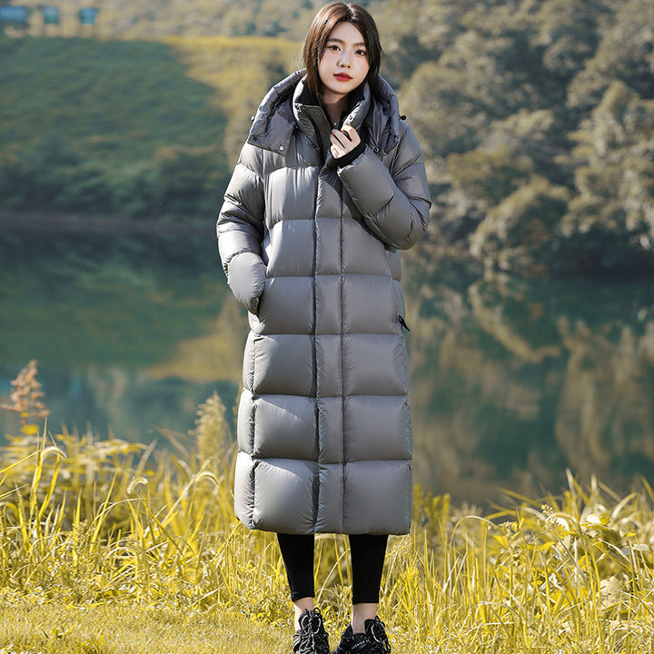 Long women's down coat with white goose down filling