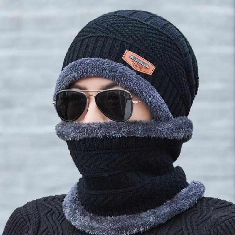 Knitted beanie with scarf, lined, men, winter