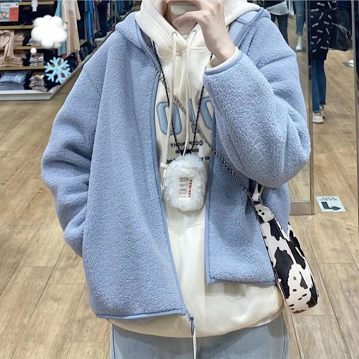 Hooded jacket made of lamb fleece imitation with zipper