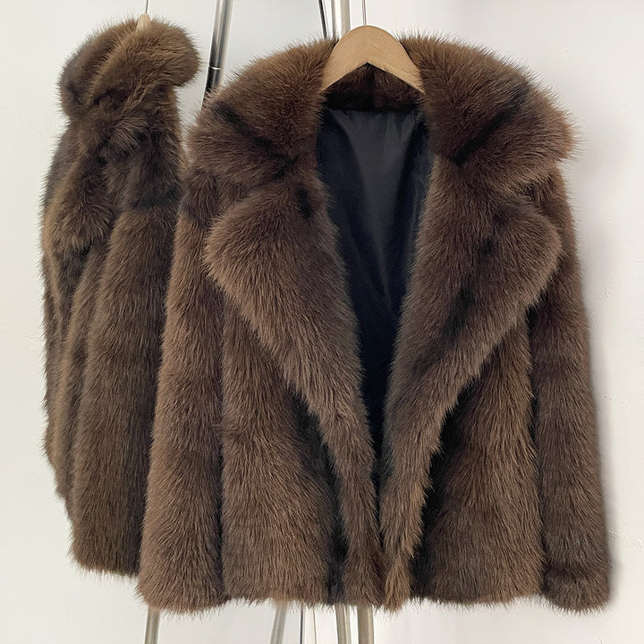 Women's Faux Fur Coat with Lapel Collar, Mid-Length