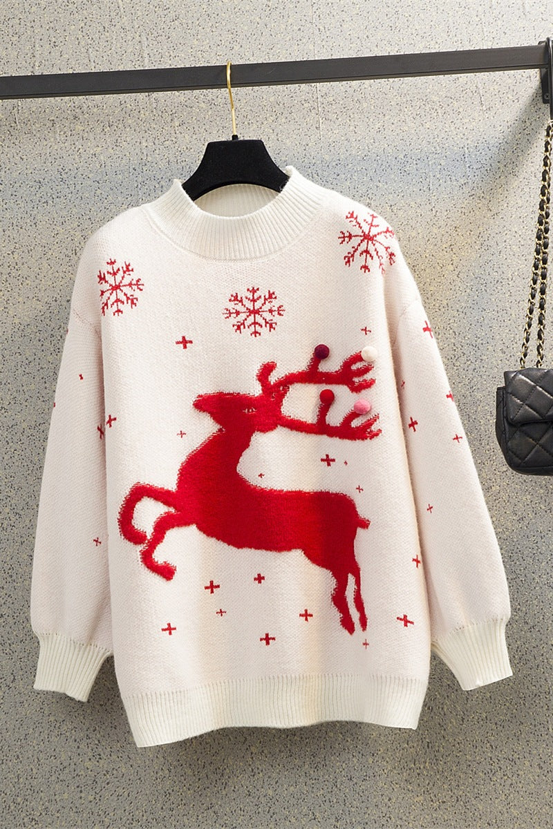 Loose women's Christmas sweater with reindeer motif
