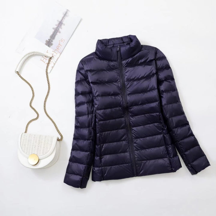 Light women's down jacket, stand-up collar, slim fit