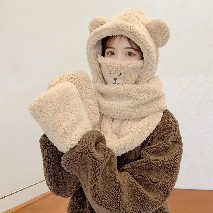 Fluffy set consisting of hat with fox ears and scarf
