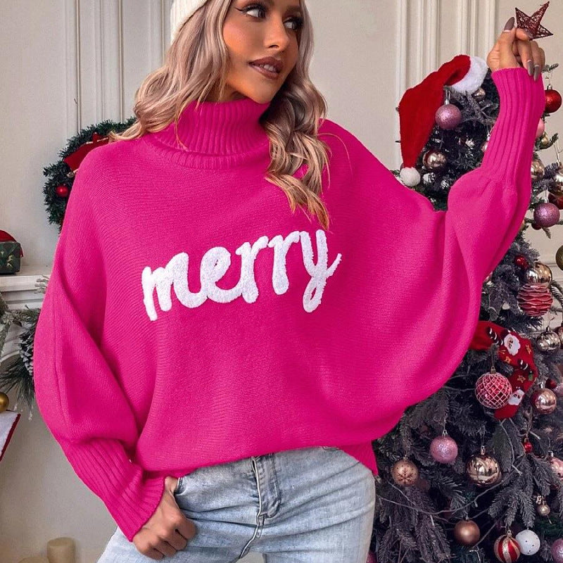 Women's knitted pullover with stand-up collar and embroidery