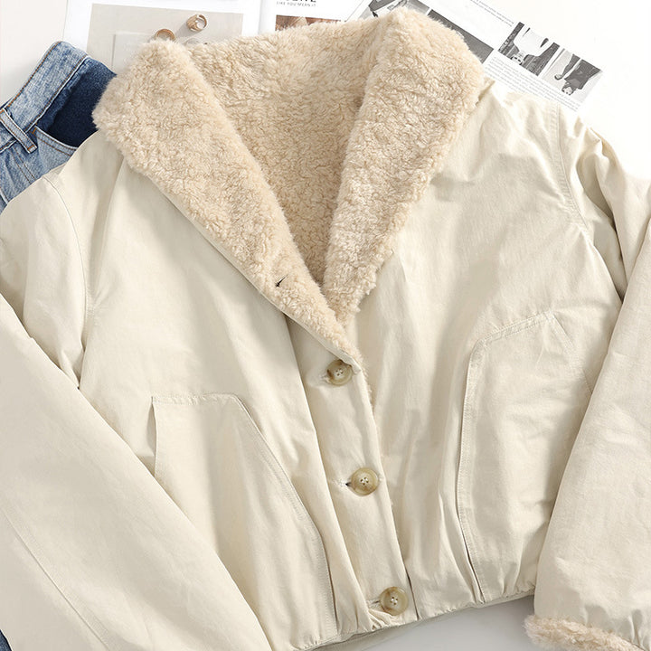 Women's winter jacket with lapels, lambskin look, lined
