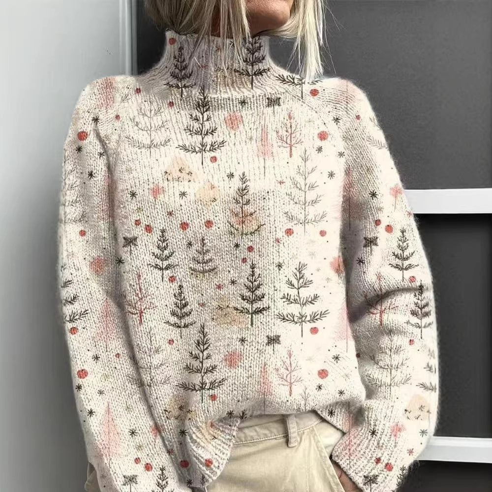 Loose women's sweater with turtleneck and Christmas print