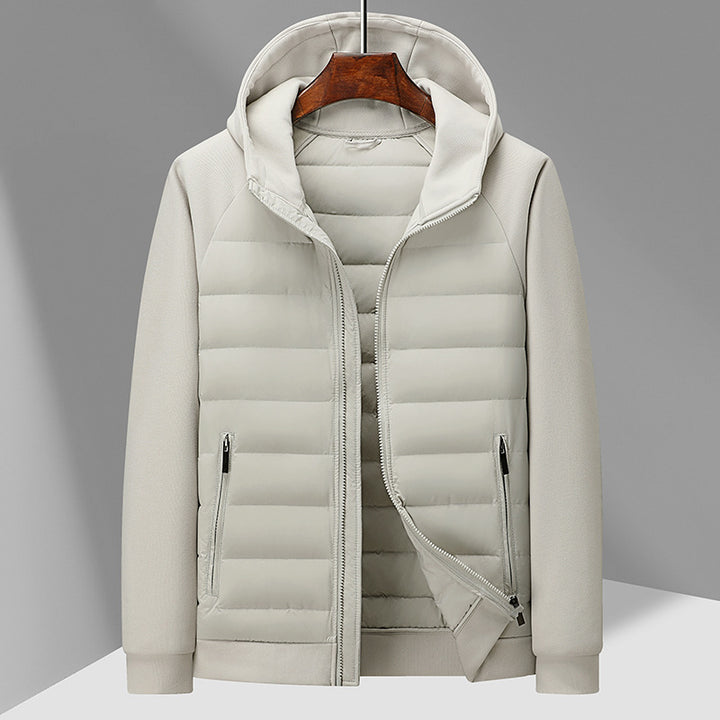 Men's down jacket with knit details and stand-up collar