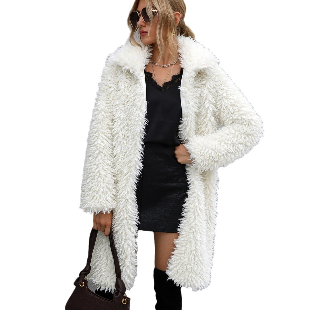 Long faux fur coat with lapel collar