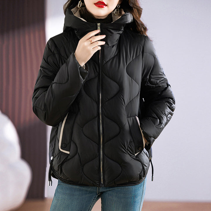 Short women's quilted jacket, glossy, with hood