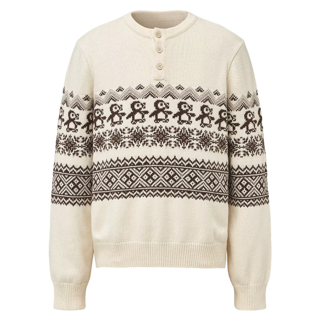 Unisex knitted sweater with fair isle pattern and button placket