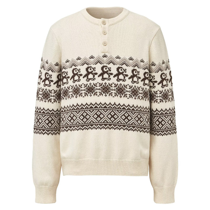 Unisex knitted sweater with fair isle pattern and button placket