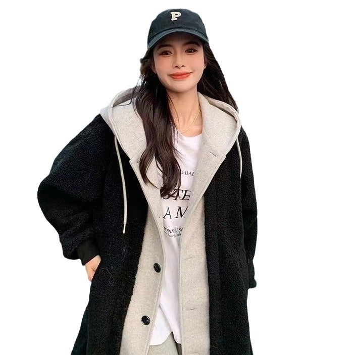 Lamb fleece imitation coat with hood, mid-length, padded