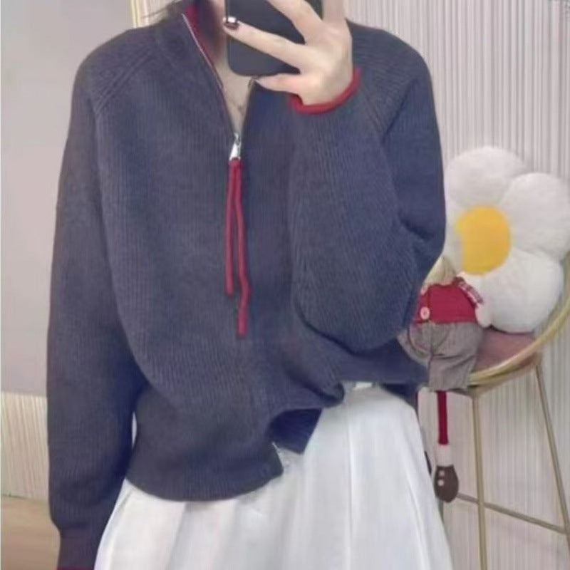 Women's cardigan with zipper and color block design