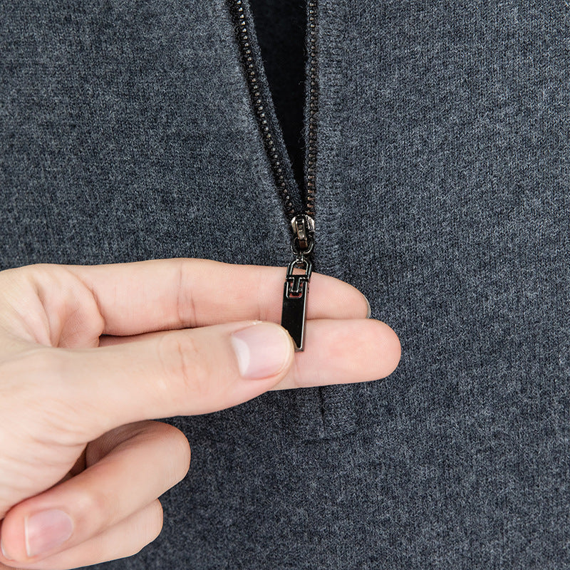 Men's wool pullover with zipper and stand-up collar