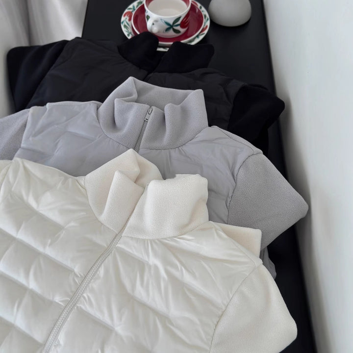 Lightweight down jacket with fleece inserts and stand-up collar