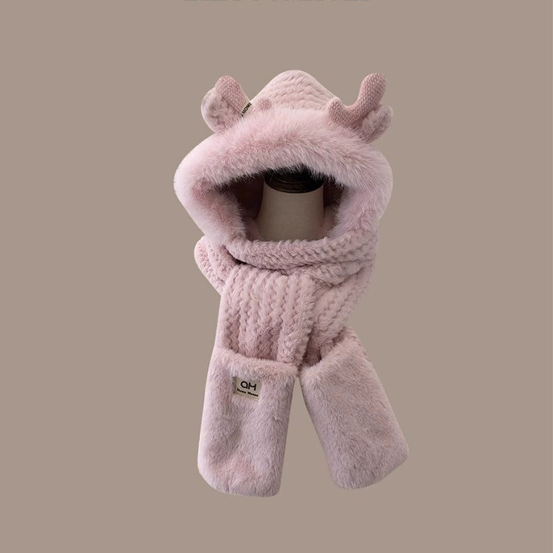 Women's Winter Set: Plush Hooded Hat with Scarf and Gloves