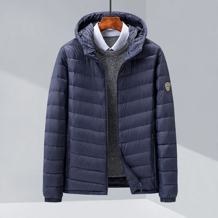 Light men's down jacket, hood or stand-up collar