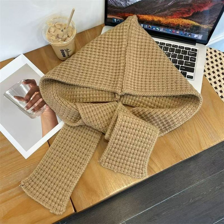 Knit hat with scarf, solid color, warm, 2-in-1 set