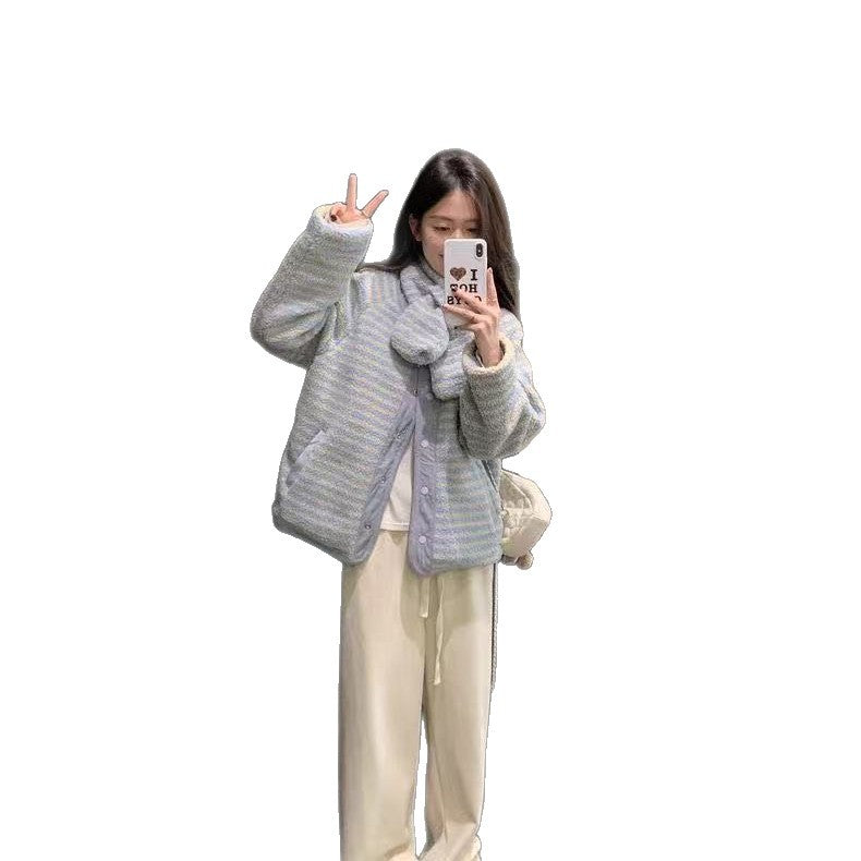 Reversible striped plush jacket, loose fit