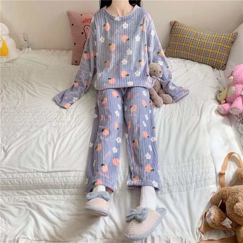 Fluffy coral fleece pajamas with bear motif