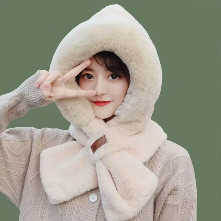 Women's plush hat with bear ears and scarf set