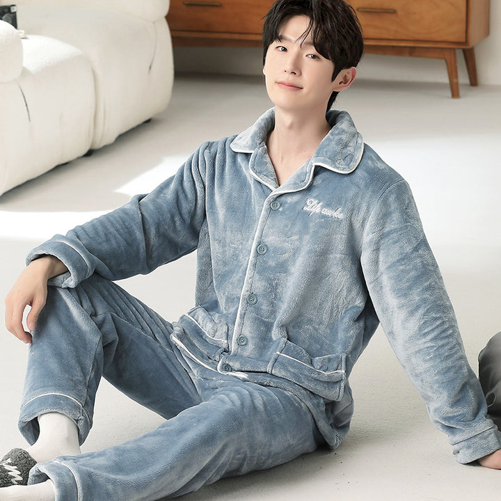 Men's Flannel Pajama Set, Embroidered, Simple