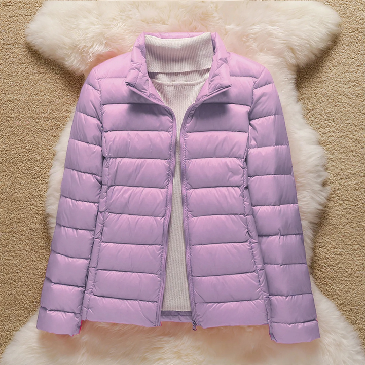Short women's down jacket with stand-up collar