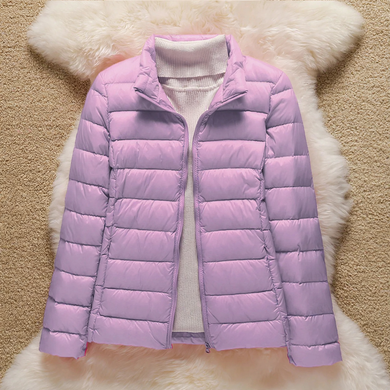 Short women's down jacket with standing collar