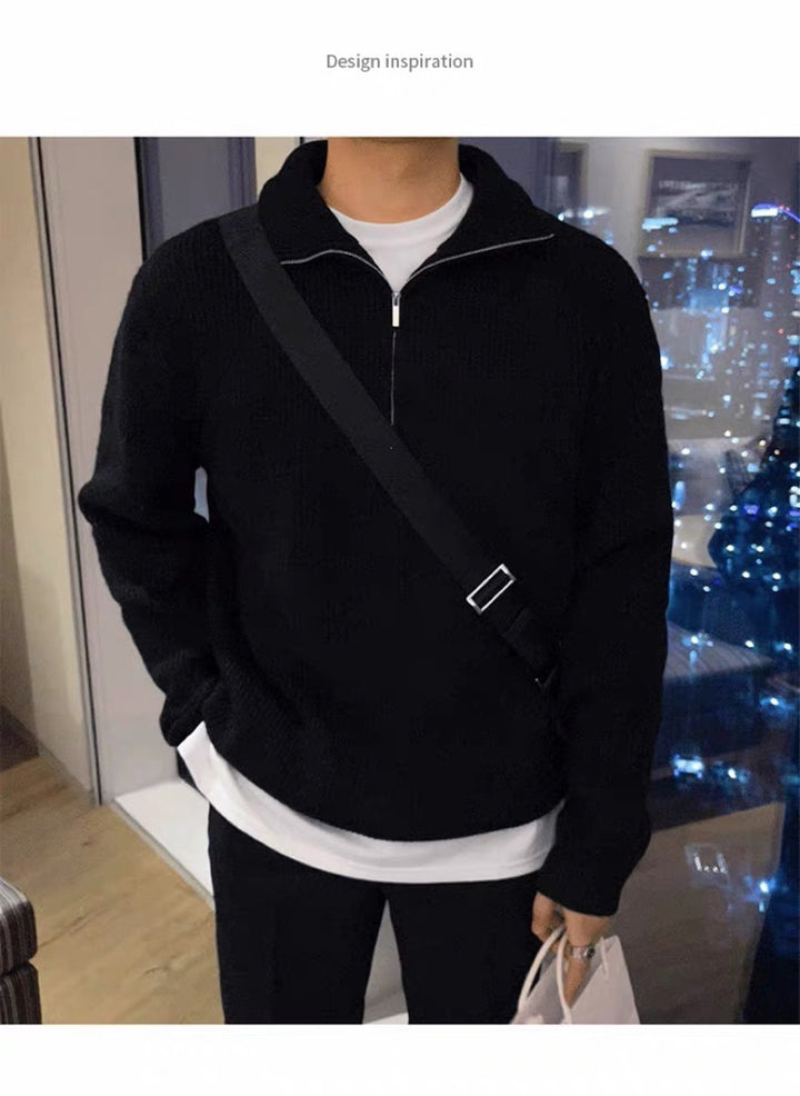 Men's Knit Sweater with Stand-Up Collar and Zipper