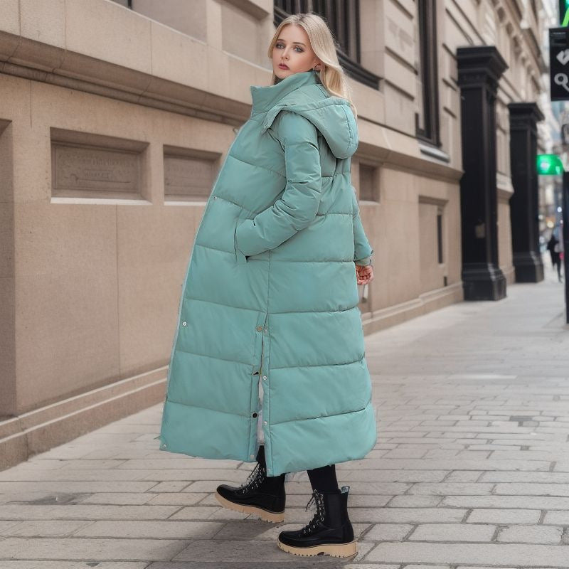 Longer, fitted women's winter coat with hood