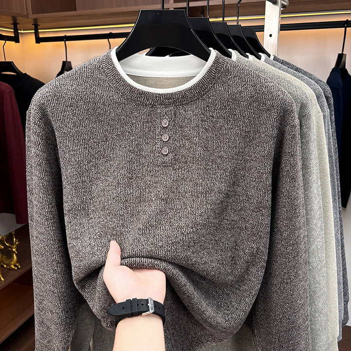 Men's knitted sweater, round neck, long sleeve, fake layer look