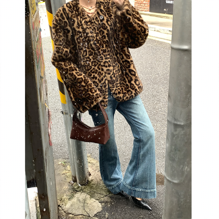 Women's winter coat, faux fur, leopard print, round neckline