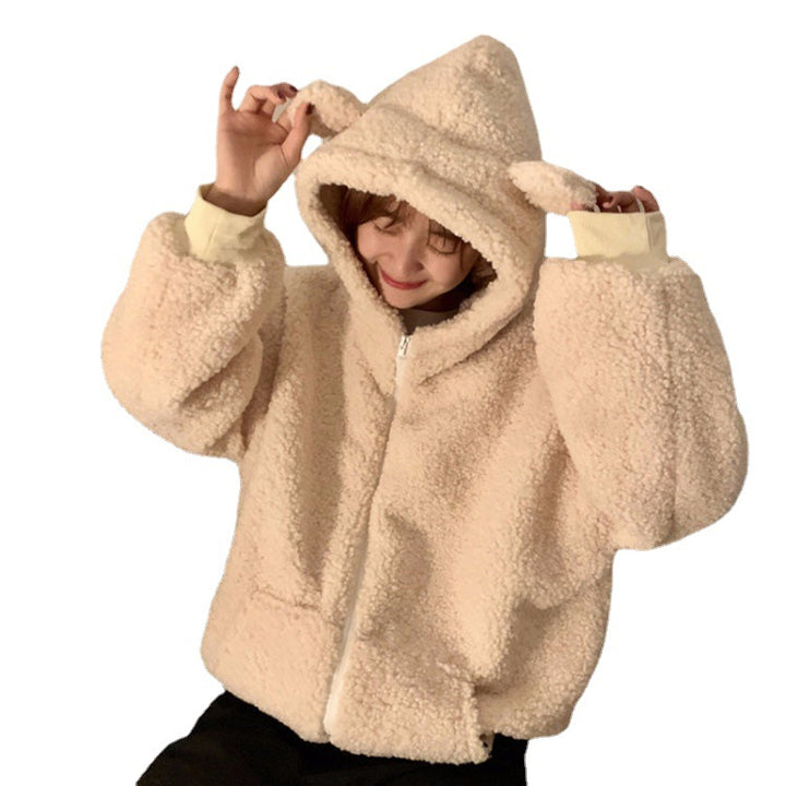 Fluffy women's jacket with hood and ear appliqué
