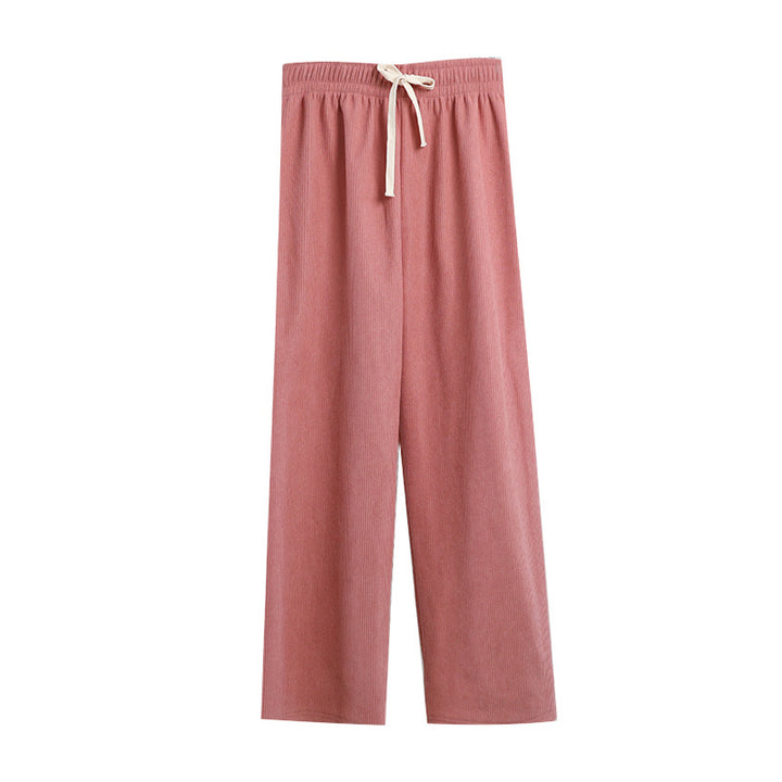 Ladies' corduroy pants with wide legs, high waist, and drawstring