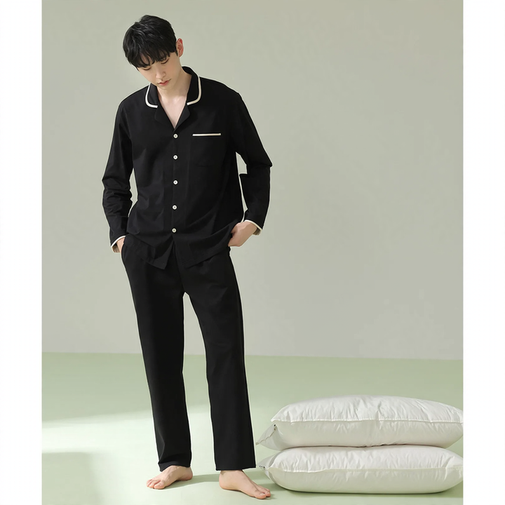 Men's pajama set made of cotton, long-sleeved, antibacterial